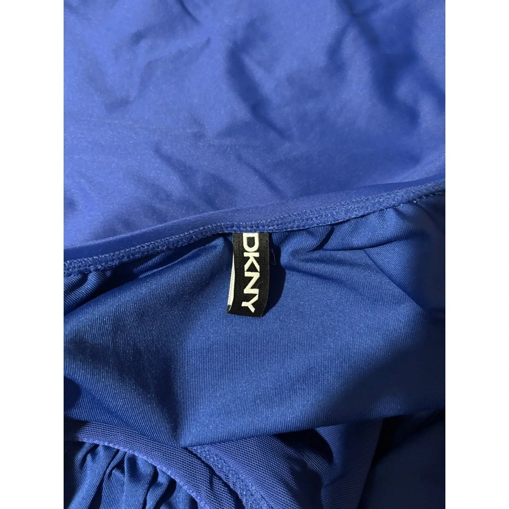 DKNY Large Womens Blue Ruched Ruffle V-Neck One Piece Swimsuit 1943727 NWT - Picture 6 of 7